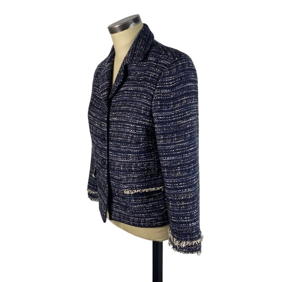 Ann Taylor Cotton Blend Tweed Fringe Trim Blazer Jacket 6 Navy Blue Black Ivory - Picture 2 of 9
